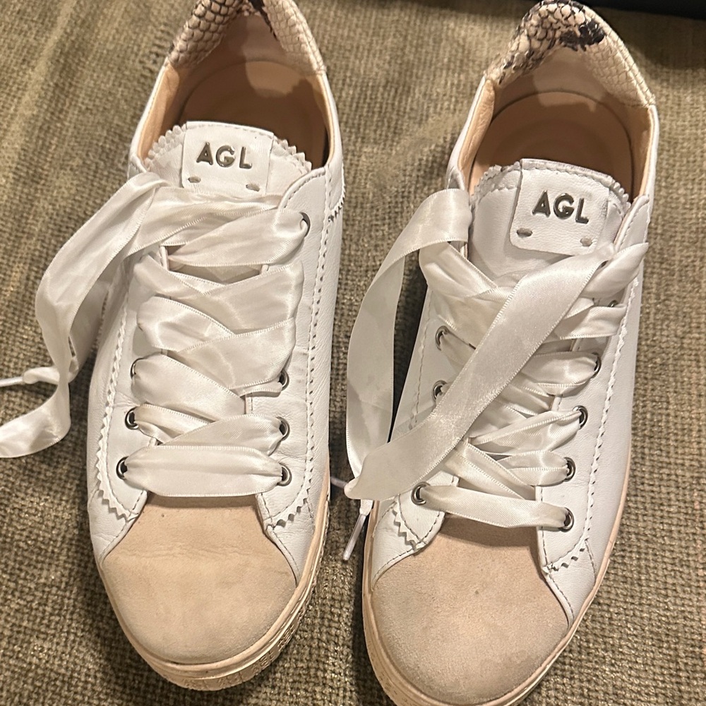 AGL Sade two toned sneakers with snakeskin accents, complete with ribbon bows!